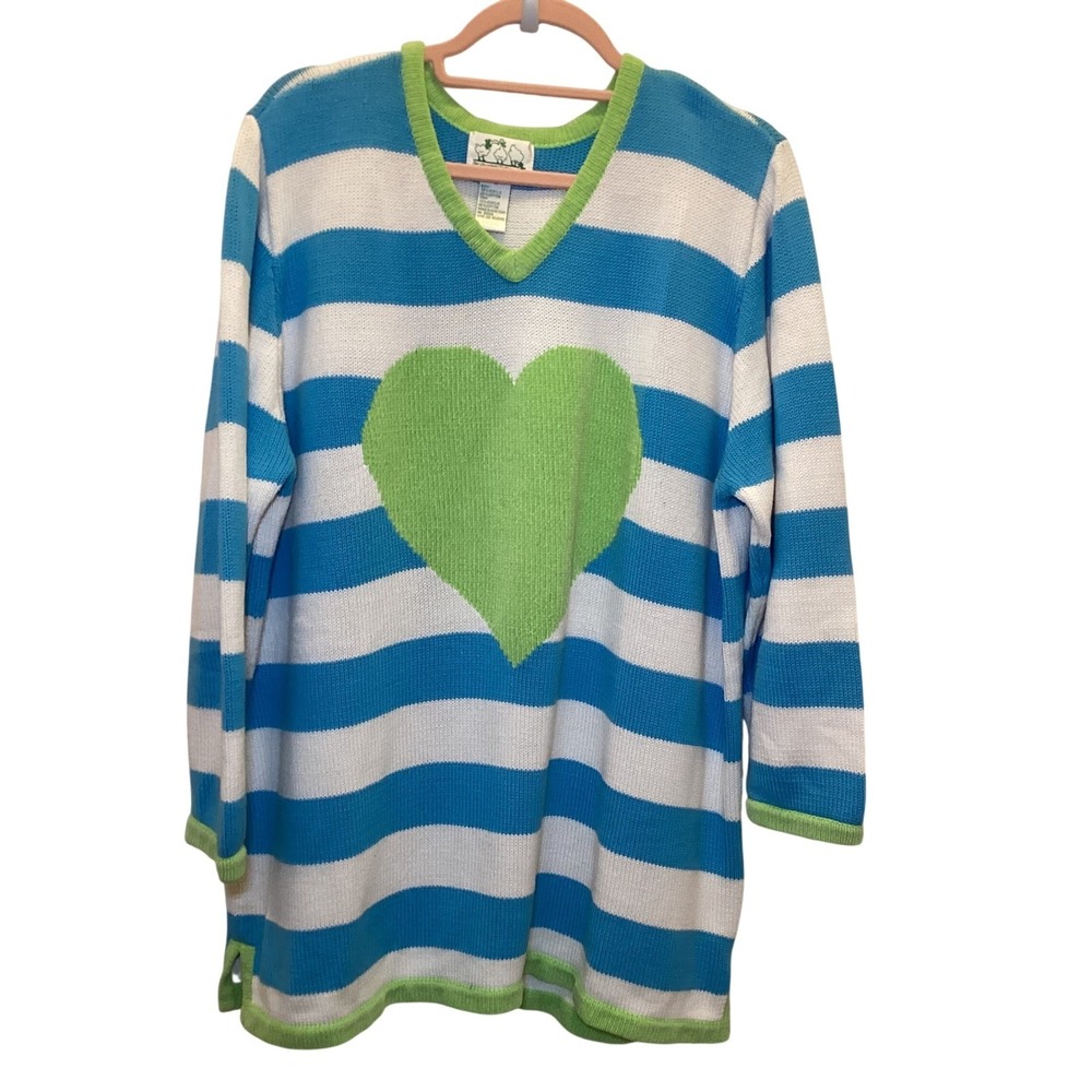 The Quacker Factory Blue White Striped Green Heart V-Neck Sweater 1X